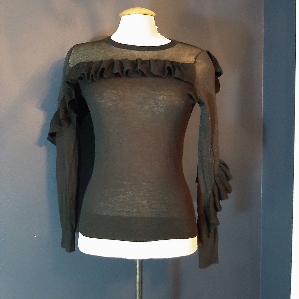Maje Black Long Sleeve Ruffled Sheer Top